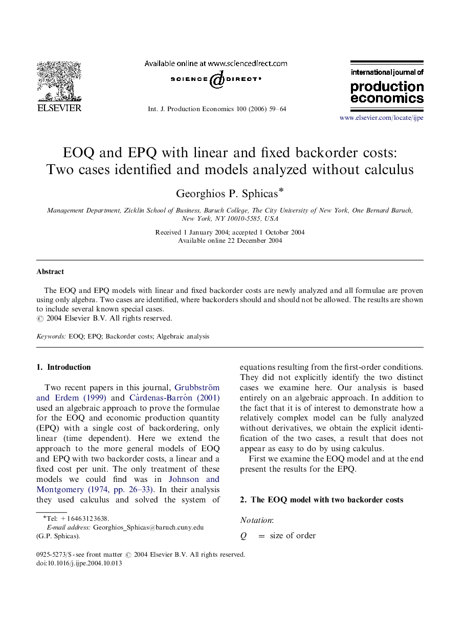 EOQ and EPQ with linear and fixed backorder costs: Two cases identified and models analyzed without calculus