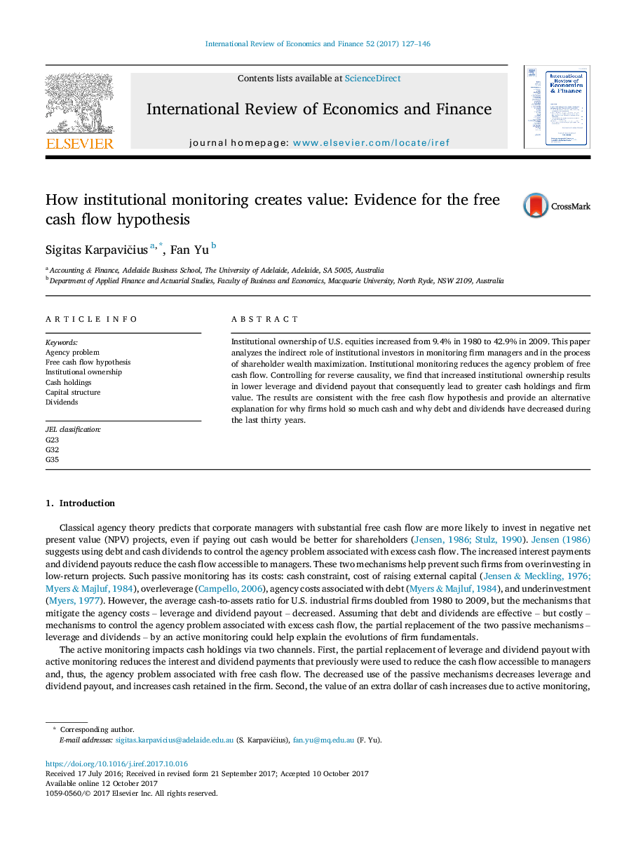 How institutional monitoring creates value: Evidence for the free cash flow hypothesis