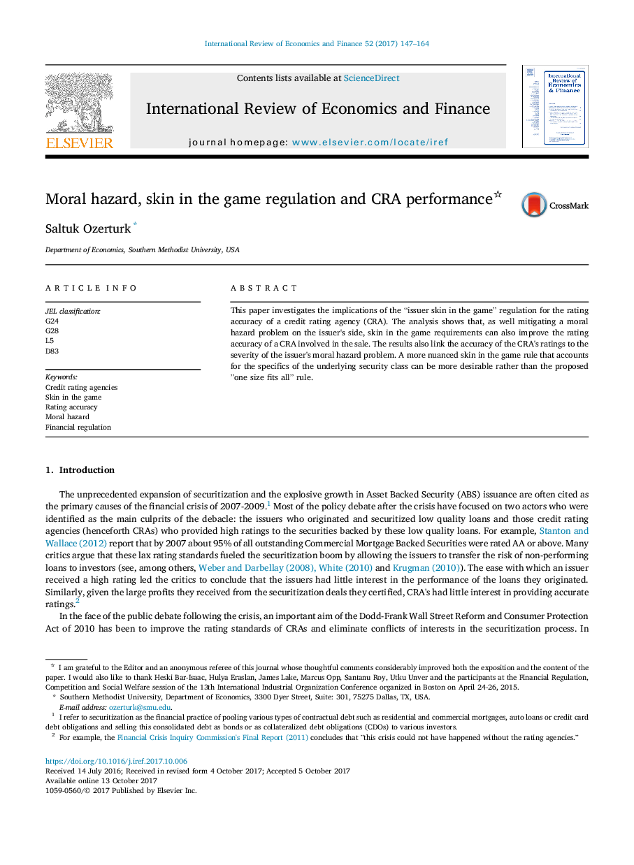 Moral hazard, skin in the game regulation and CRA performance