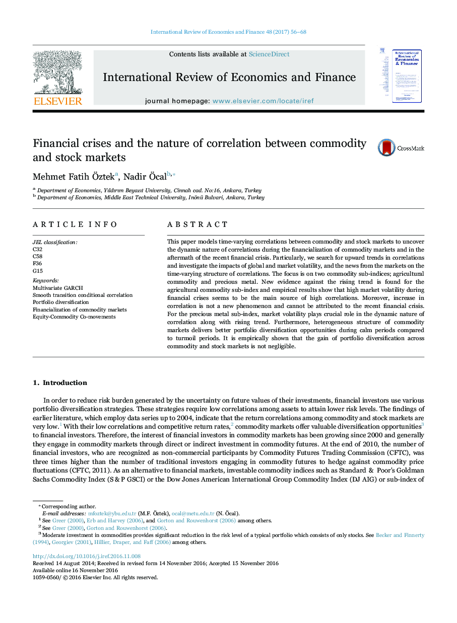 Financial crises and the nature of correlation between commodity and stock markets