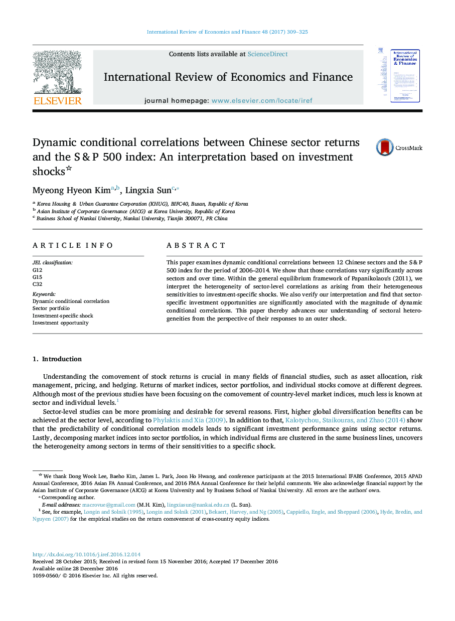 Dynamic conditional correlations between Chinese sector returns and the S&P 500 index: An interpretation based on investment shocks