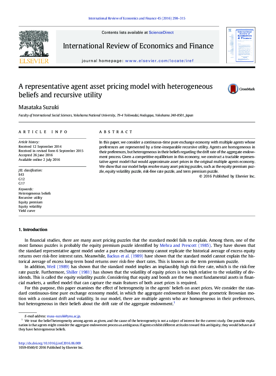 A representative agent asset pricing model with heterogeneous beliefs and recursive utility