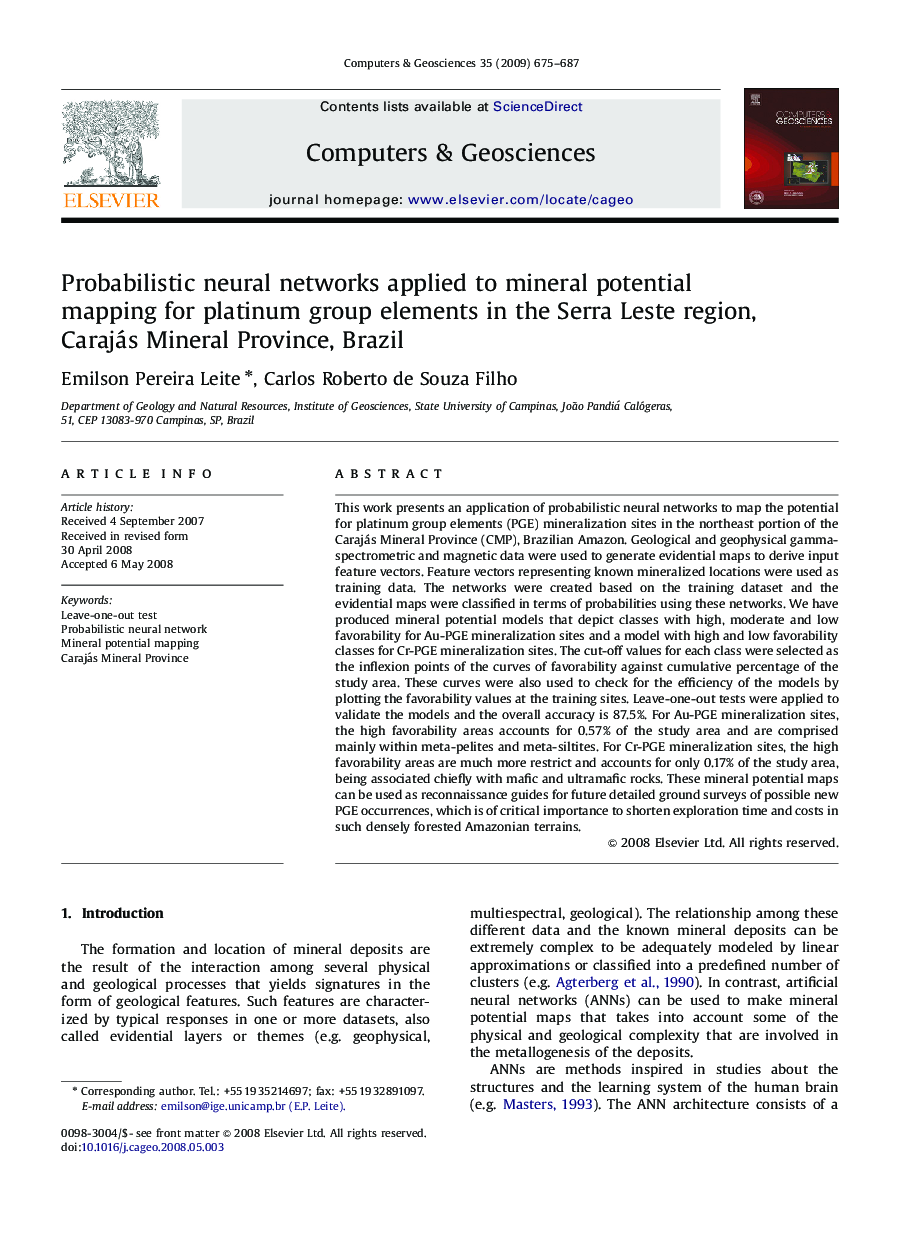 Probabilistic neural networks applied to mineral potential mapping for platinum group elements in the Serra Leste region, Carajás Mineral Province, Brazil