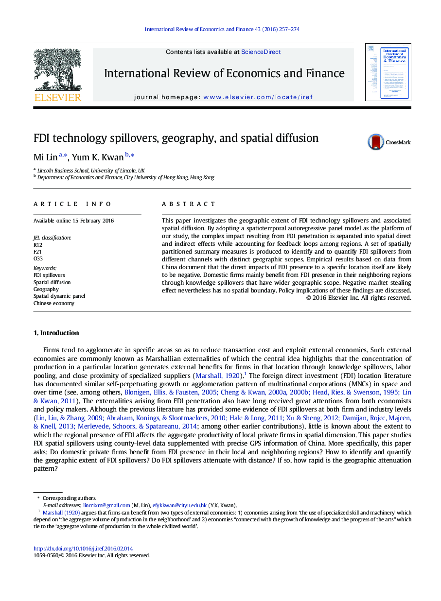 FDI technology spillovers, geography, and spatial diffusion