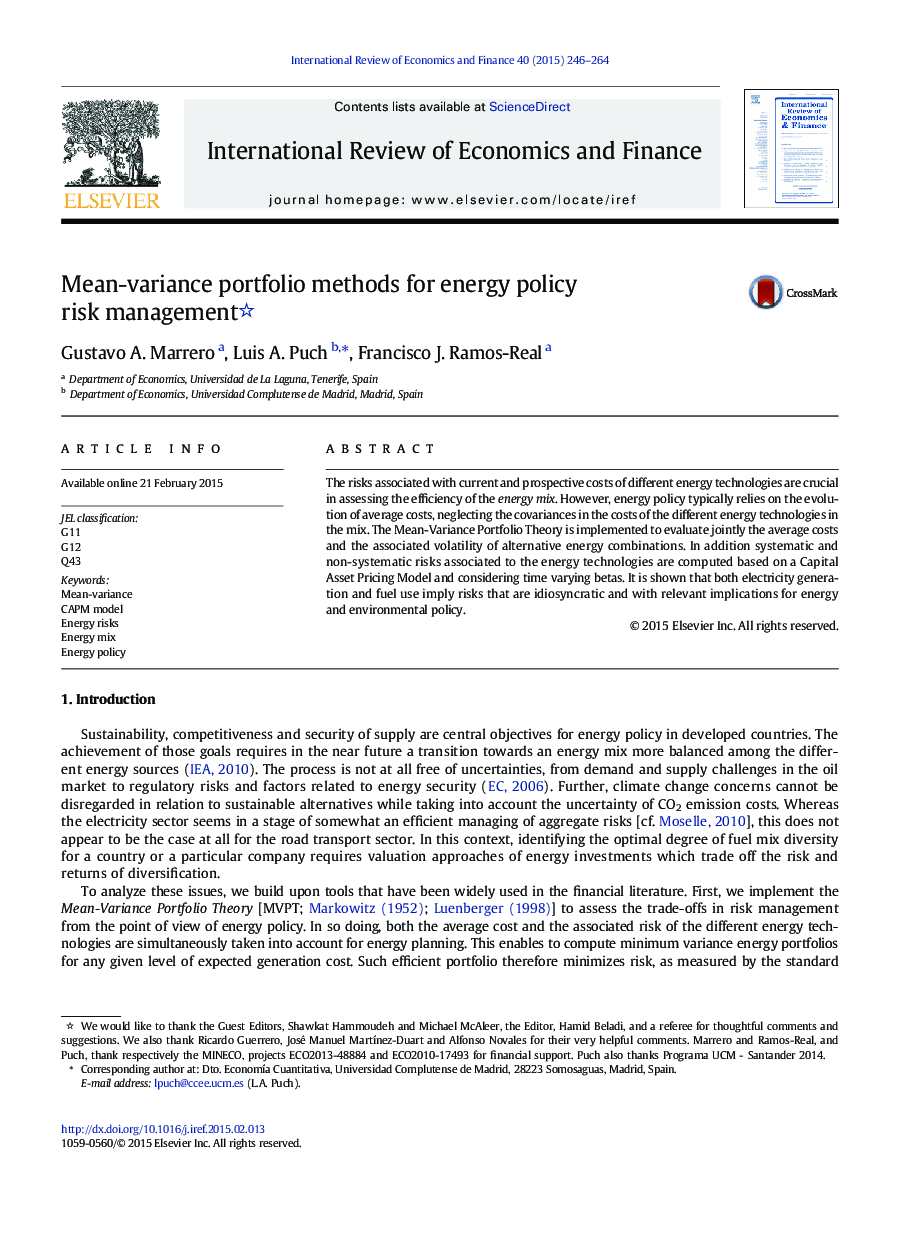 Mean-variance portfolio methods for energy policy risk management