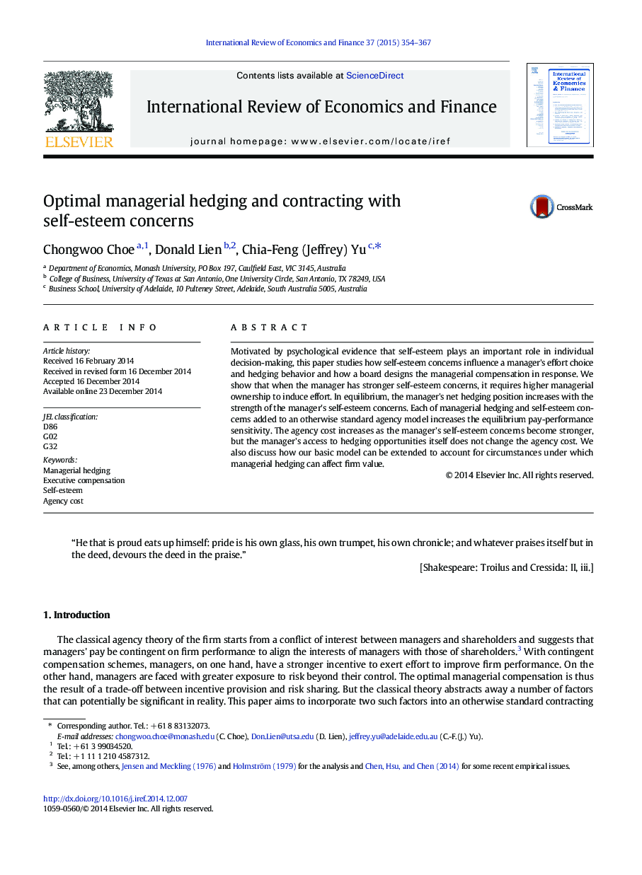 Optimal managerial hedging and contracting with self-esteem concerns