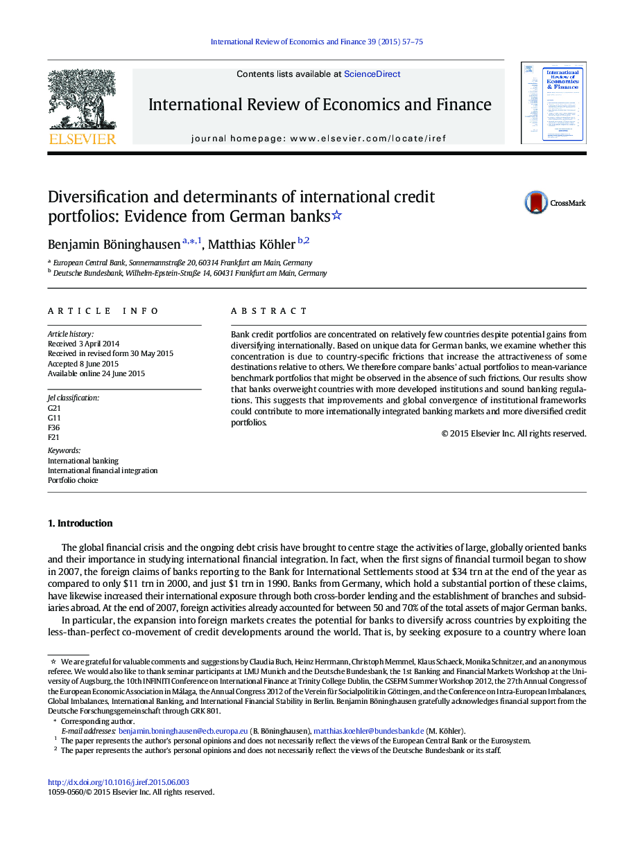 Diversification and determinants of international credit portfolios: Evidence from German banks