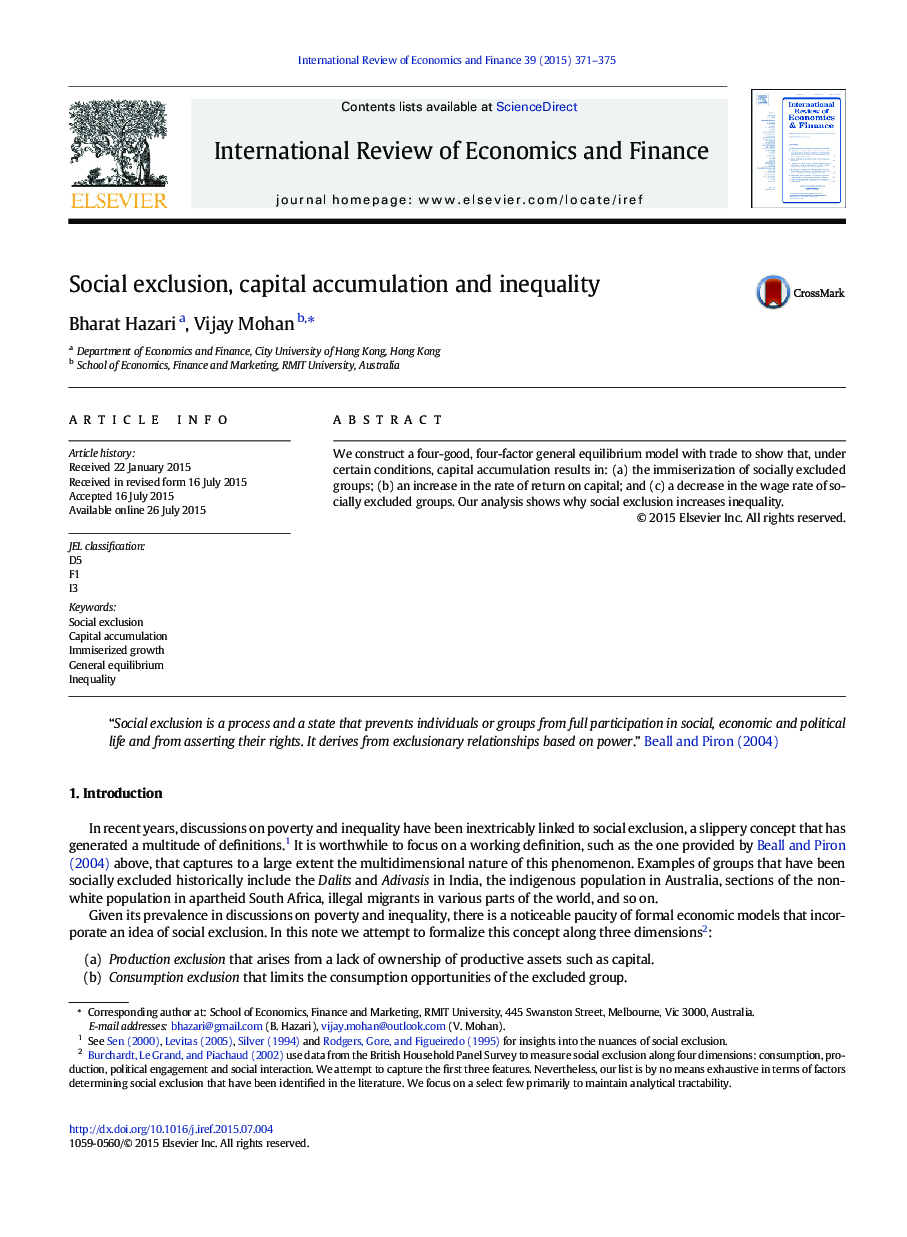 Social exclusion, capital accumulation and inequality