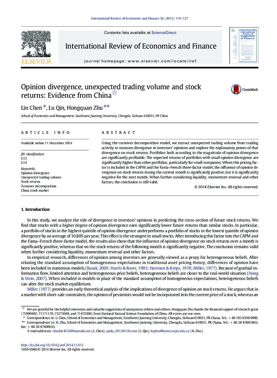 Opinion divergence, unexpected trading volume and stock returns: Evidence from China