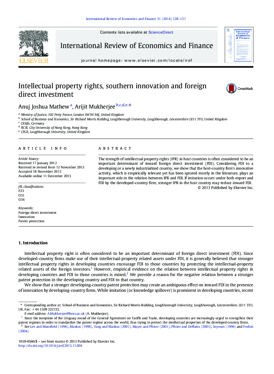 Intellectual property rights, southern innovation and foreign direct investment