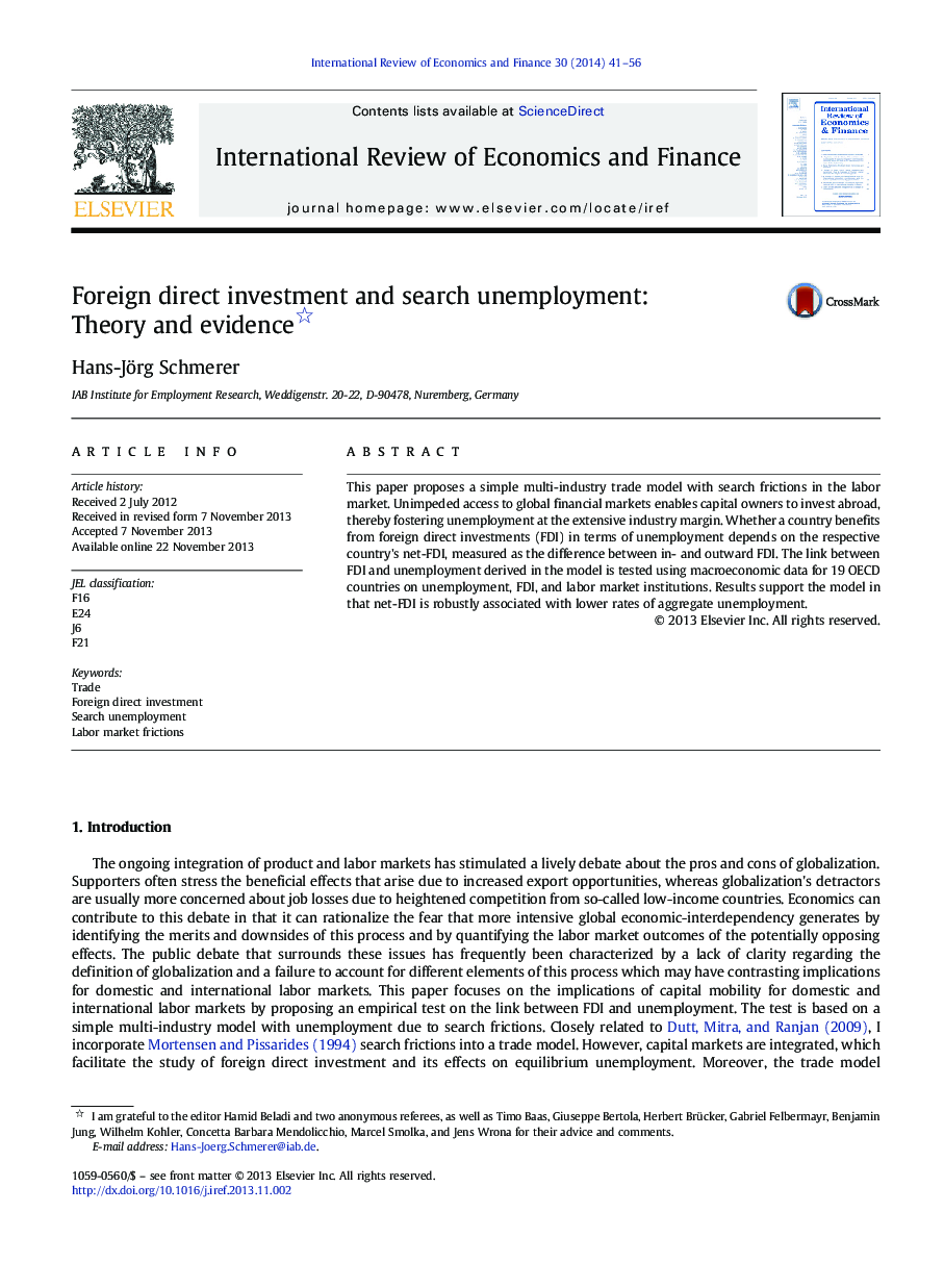 Foreign direct investment and search unemployment: Theory and evidence