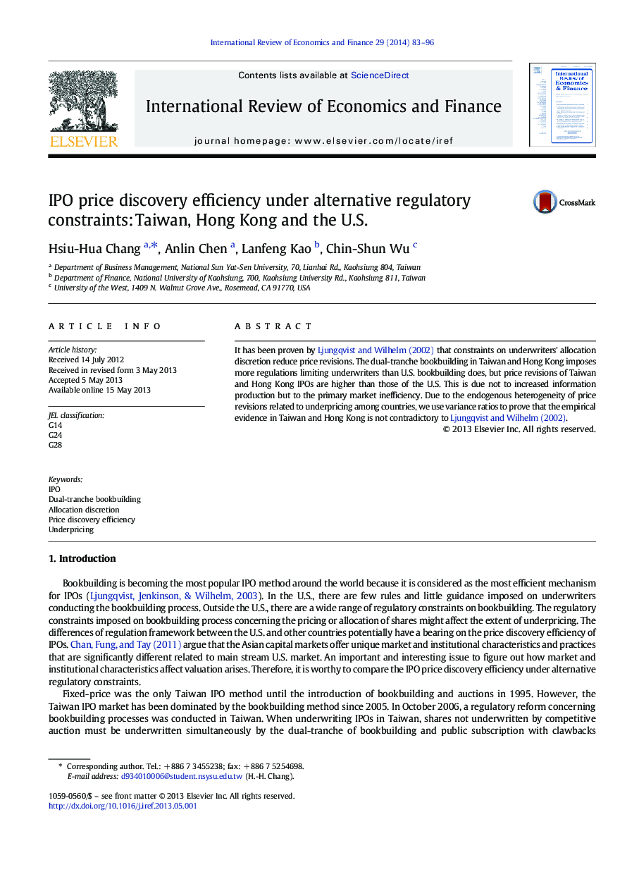 IPO price discovery efficiency under alternative regulatory constraints: Taiwan, Hong Kong and the U.S.