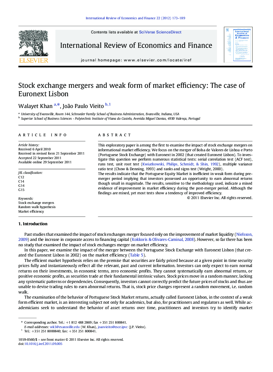 Stock exchange mergers and weak form of market efficiency: The case of Euronext Lisbon