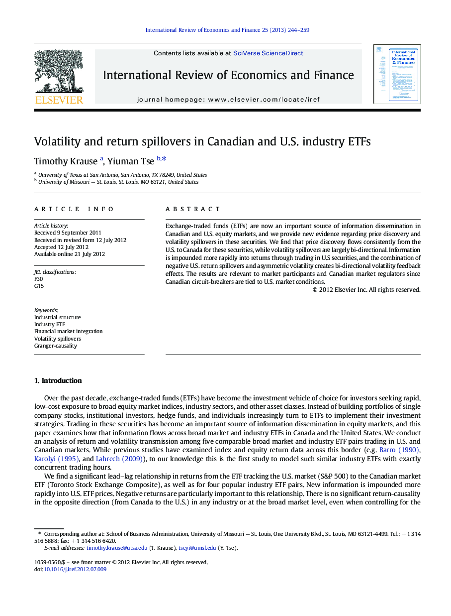 Volatility and return spillovers in Canadian and U.S. industry ETFs