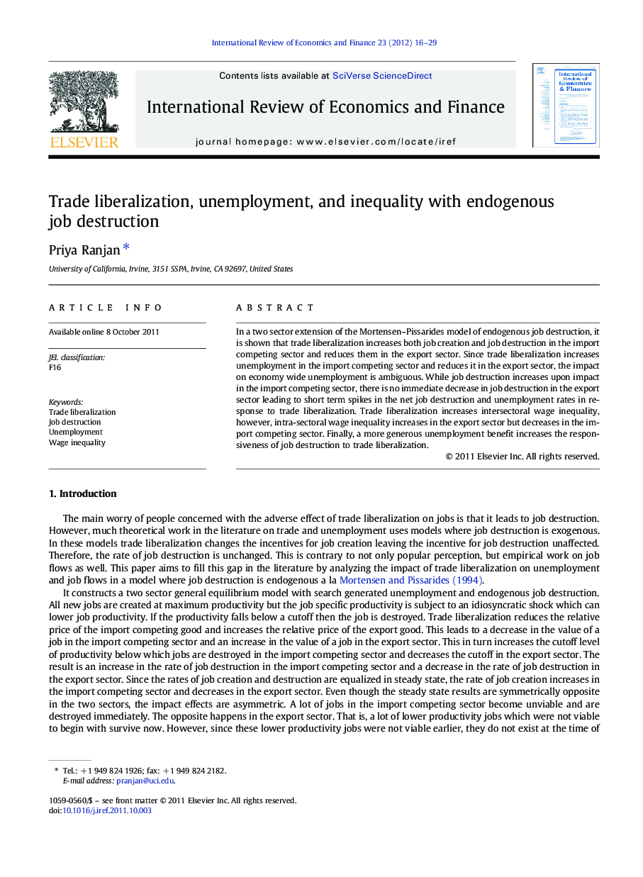 Trade liberalization, unemployment, and inequality with endogenous job destruction