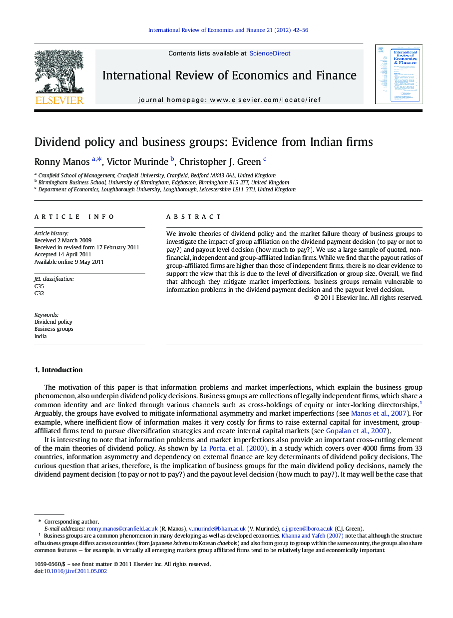 Dividend policy and business groups: Evidence from Indian firms