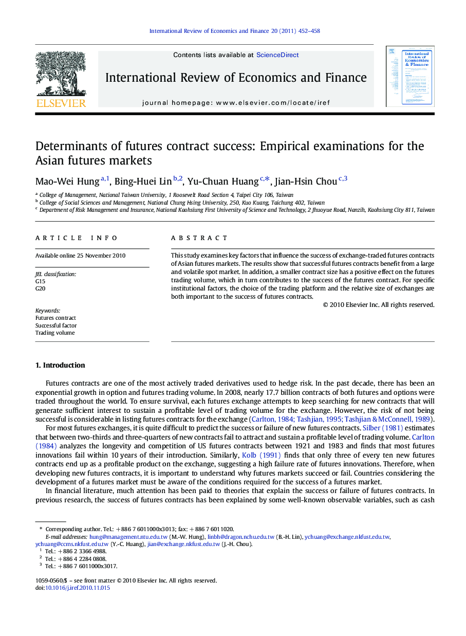 Determinants of futures contract success: Empirical examinations for the Asian futures markets