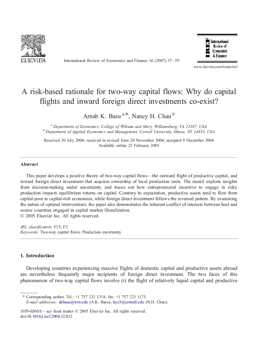 A risk-based rationale for two-way capital flows: Why do capital flights and inward foreign direct investments co-exist?