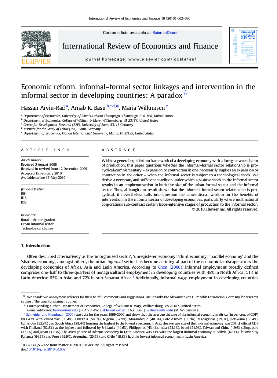 Economic reform, informal-formal sector linkages and intervention in the informal sector in developing countries: A paradox