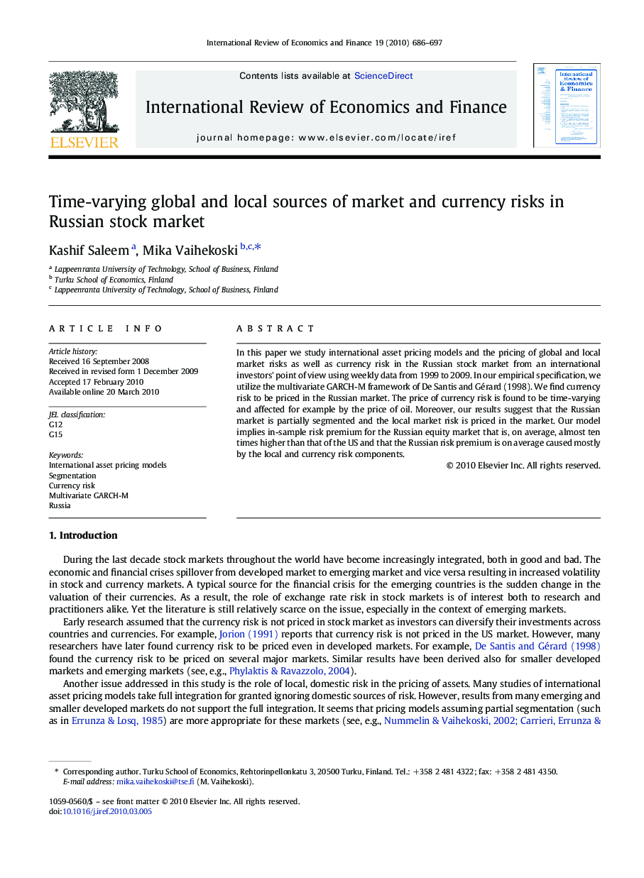 Time-varying global and local sources of market and currency risks in Russian stock market