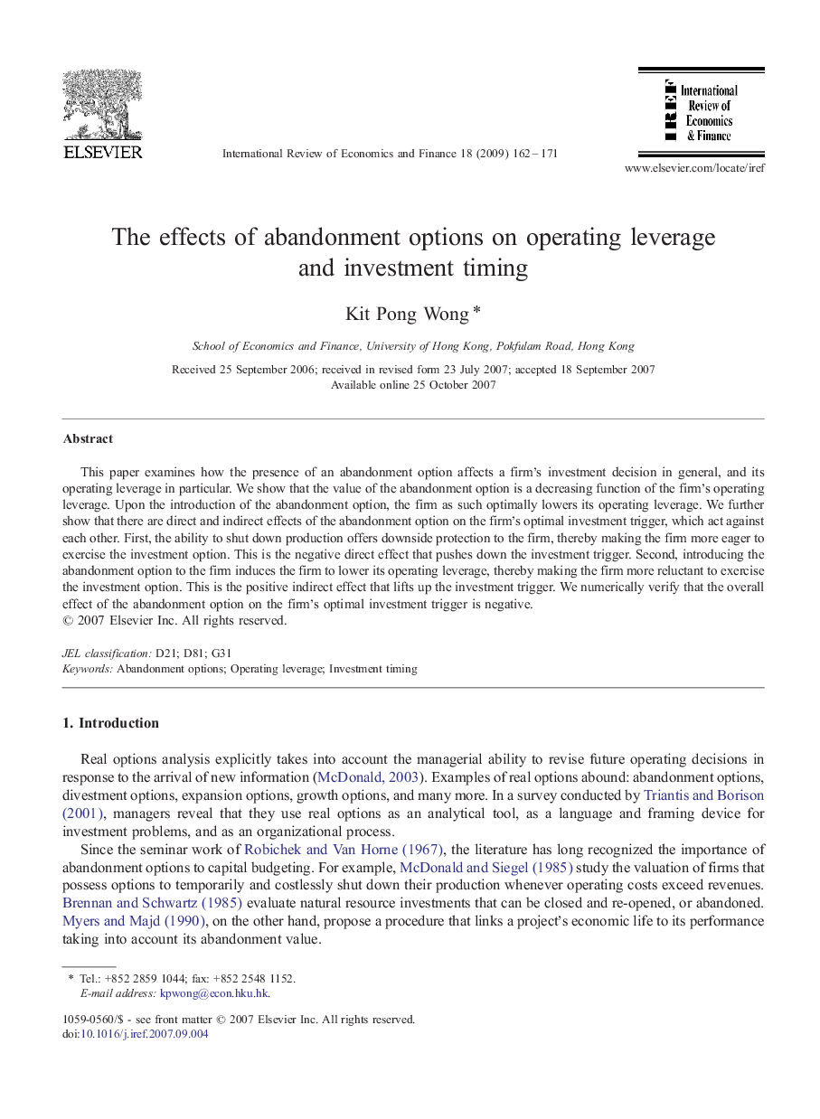 The effects of abandonment options on operating leverage and investment timing