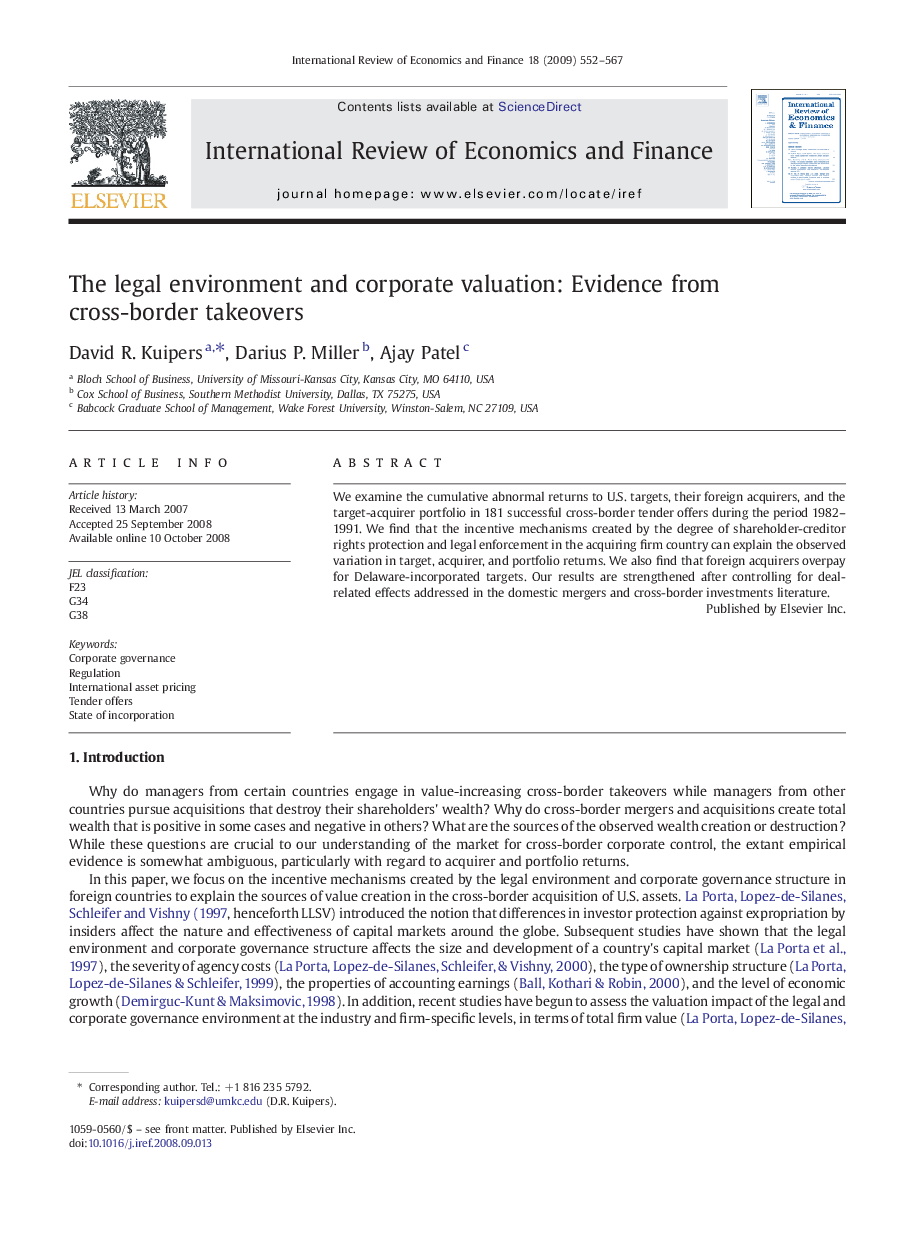 The legal environment and corporate valuation: Evidence from cross-border takeovers