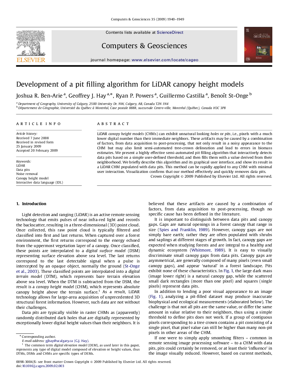 Development of a pit filling algorithm for LiDAR canopy height models