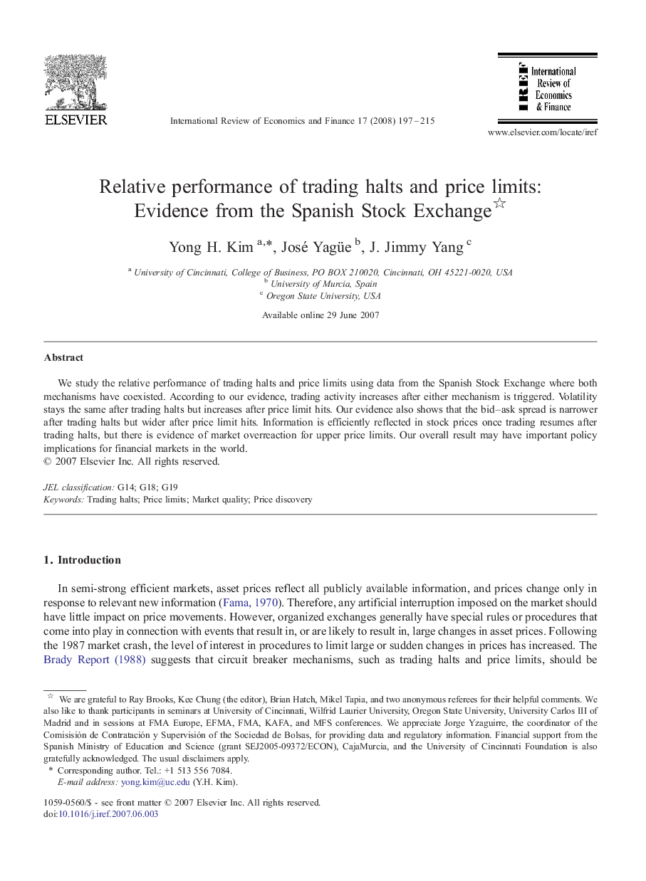 Relative performance of trading halts and price limits: Evidence from the Spanish Stock Exchange