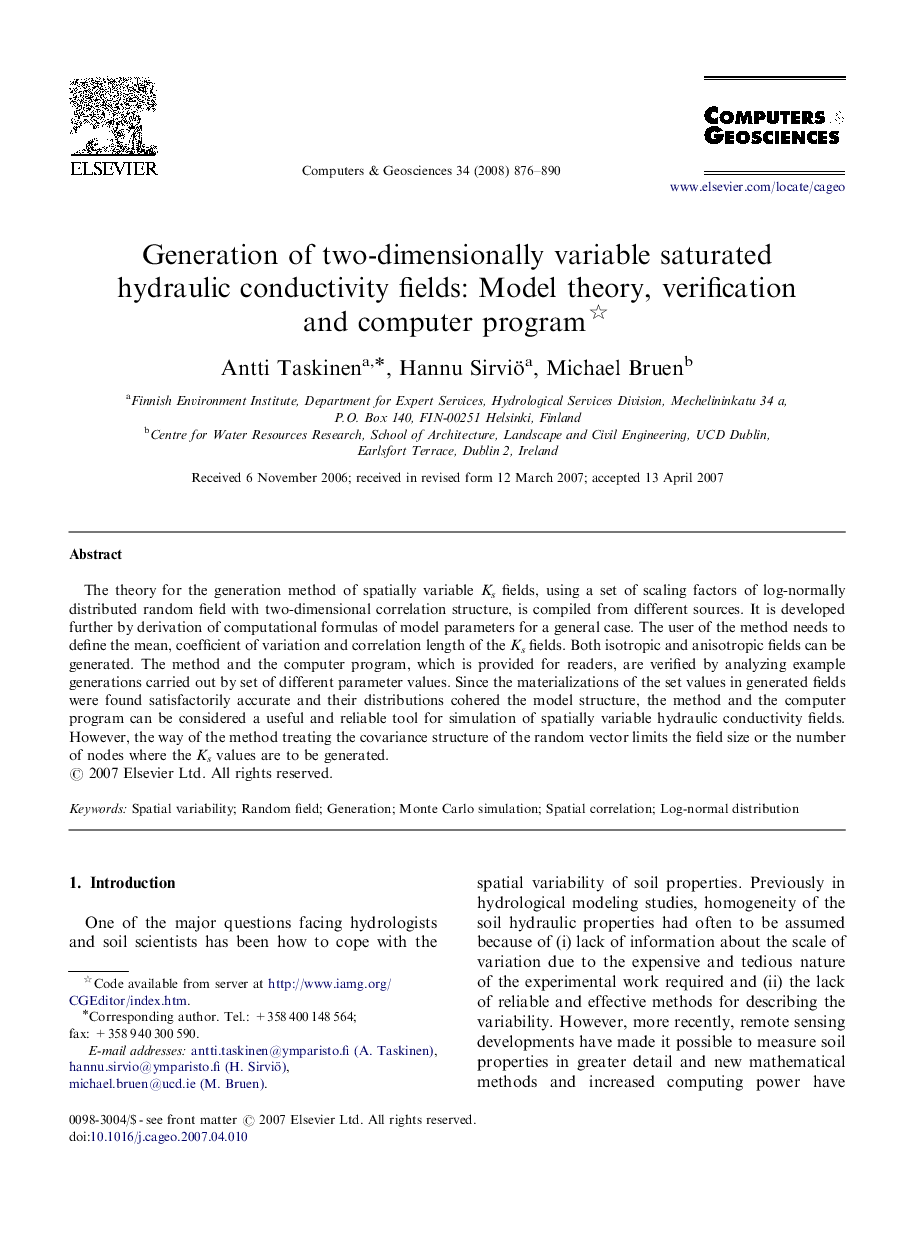 Generation of two-dimensionally variable saturated hydraulic conductivity fields: Model theory, verification and computer program 