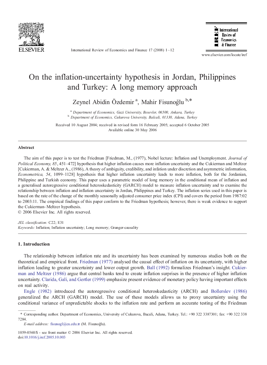 On the inflation-uncertainty hypothesis in Jordan, Philippines and Turkey: A long memory approach