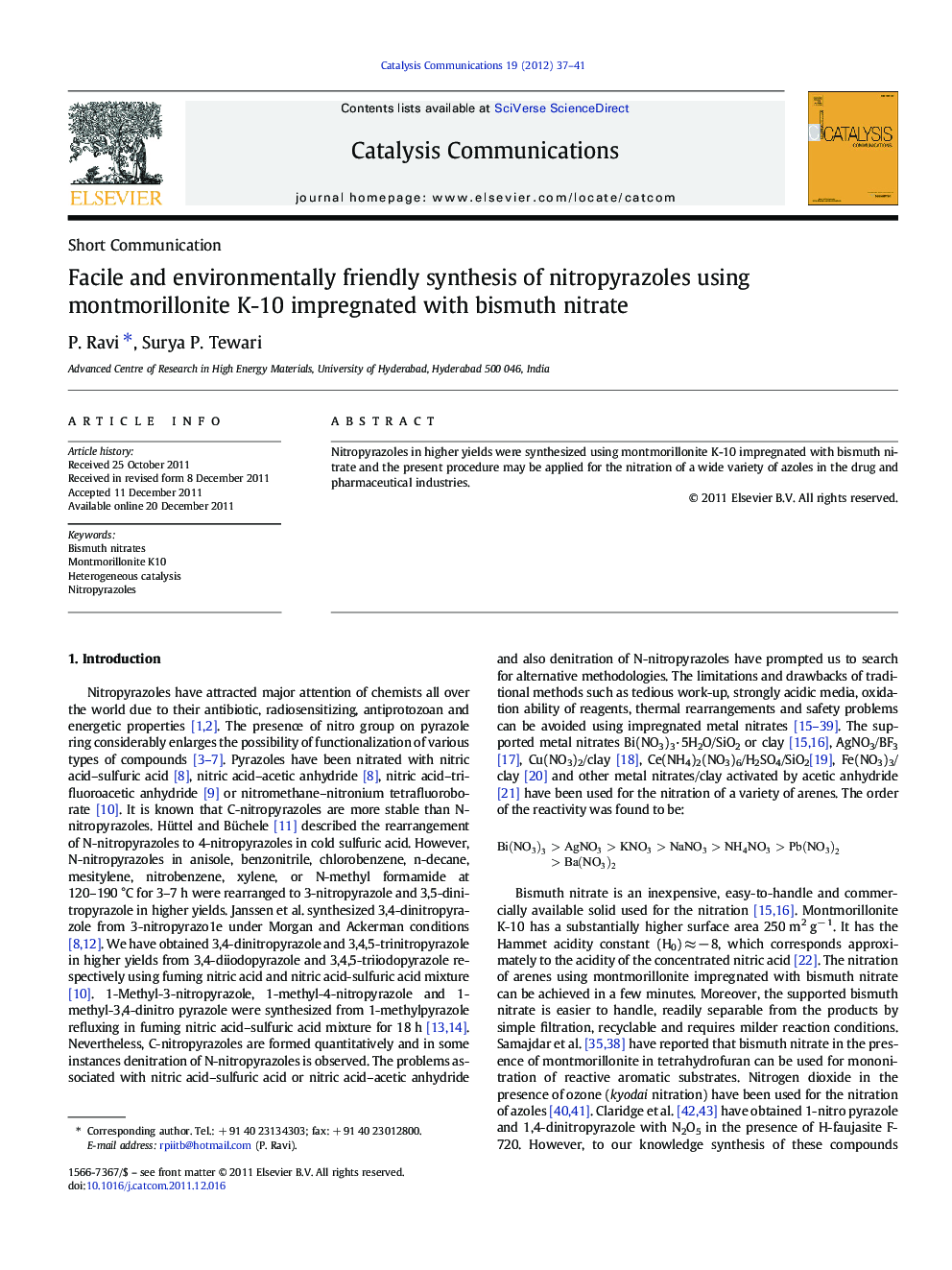 Facile and environmentally friendly synthesis of nitropyrazoles using montmorillonite K-10 impregnated with bismuth nitrate