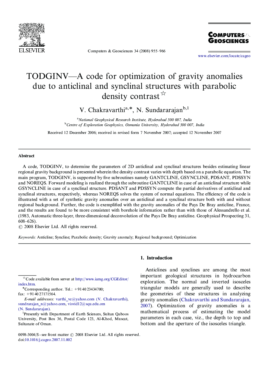 TODGINV—A code for optimization of gravity anomalies due to anticlinal and synclinal structures with parabolic density contrast 