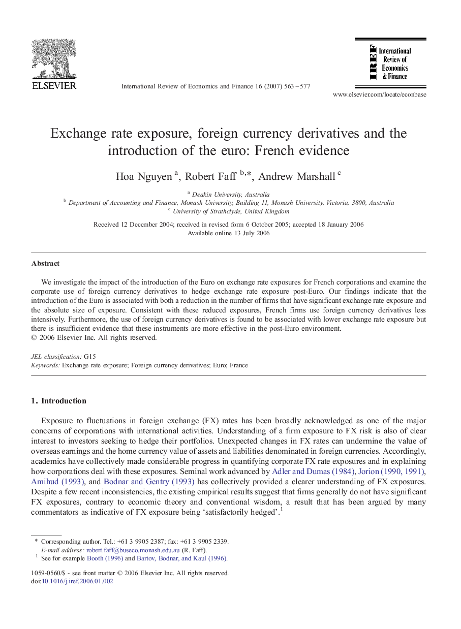 Exchange rate exposure, foreign currency derivatives and the introduction of the euro: French evidence