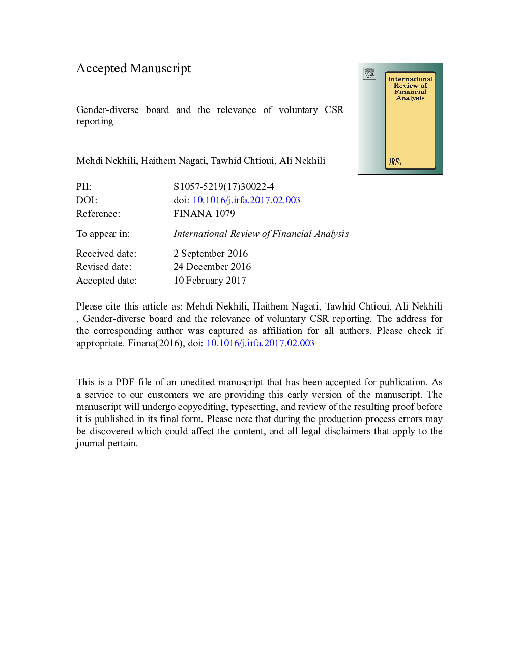 عکس صفحه اول مقاله: Gender-diverse board and the relevance of voluntary CSR reporting Gender-diverse board and the relevance of voluntary CSR reporting