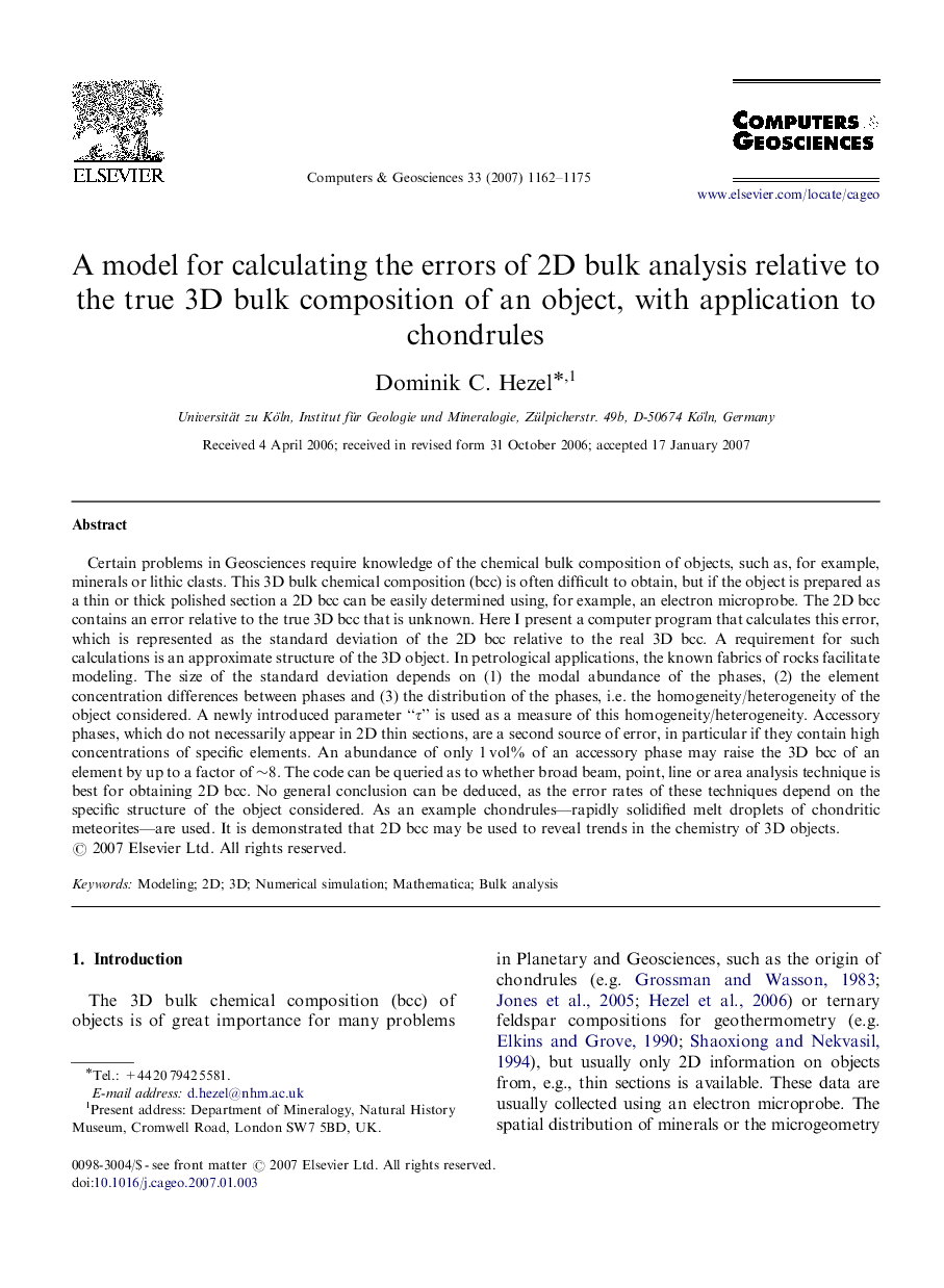 A model for calculating the errors of 2D bulk analysis relative to the true 3D bulk composition of an object, with application to chondrules