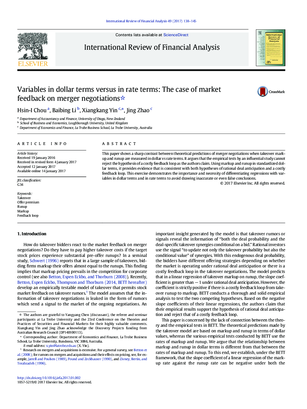 Variables in dollar terms versus in rate terms: The case of market feedback on merger negotiations