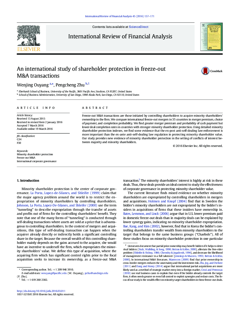 An international study of shareholder protection in freeze-out M&A transactions