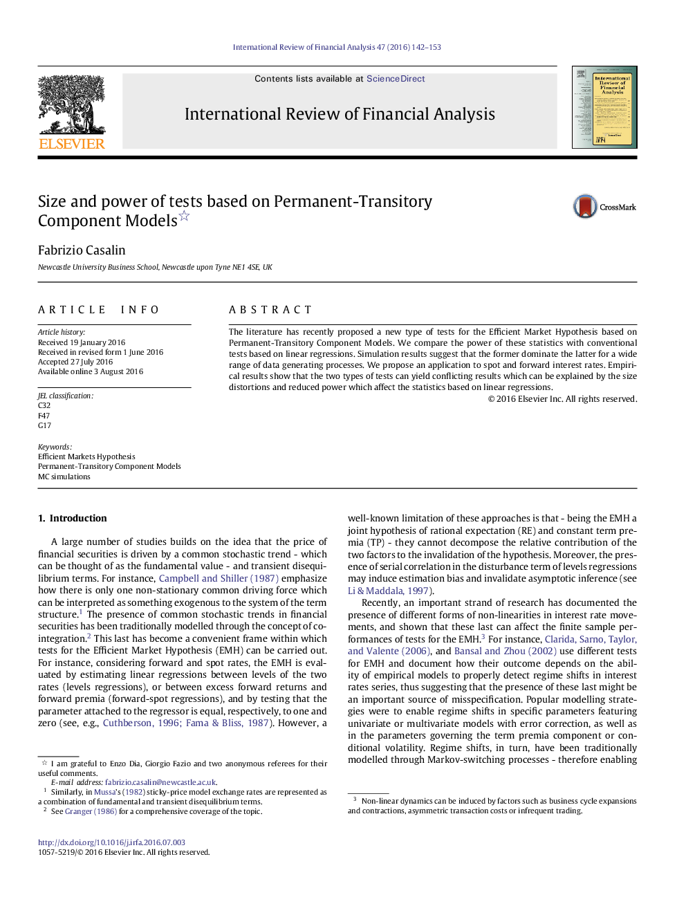 Size and power of tests based on Permanent-Transitory ComponentÂ Models