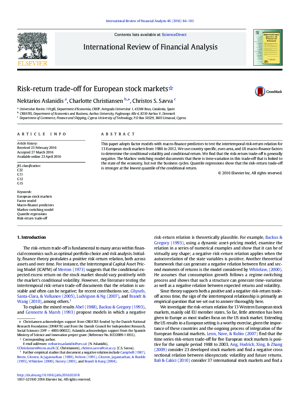 Risk-return trade-off for European stock markets