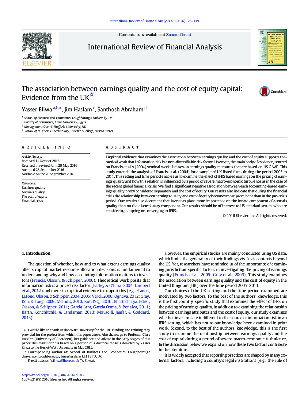 The association between earnings quality and the cost of equity capital: Evidence from the UK