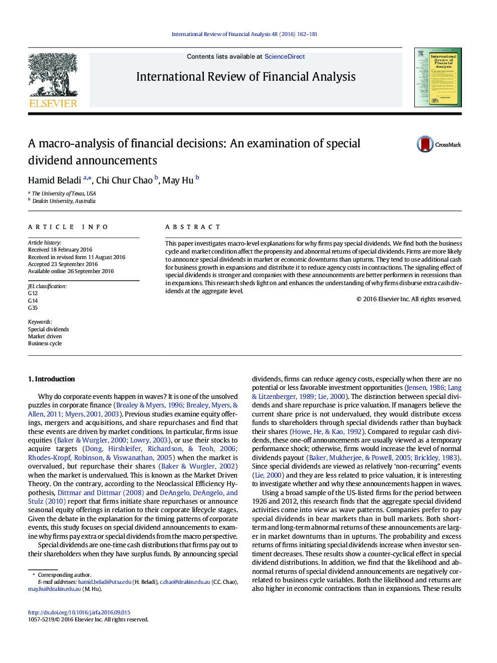 A macro-analysis of financial decisions: An examination of special dividend announcements