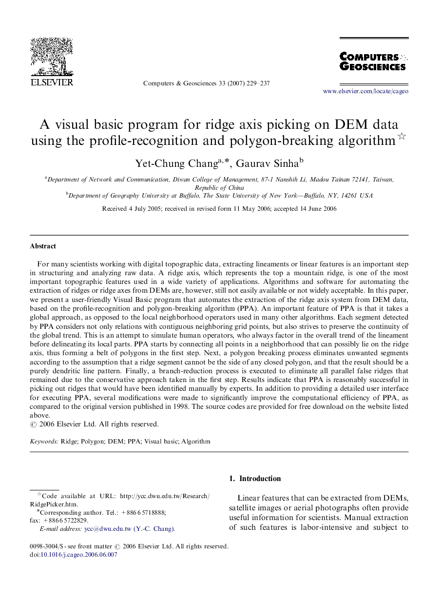 A visual basic program for ridge axis picking on DEM data using the profile-recognition and polygon-breaking algorithm 