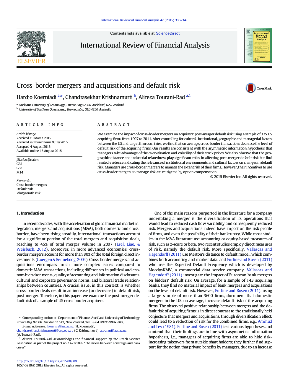 Cross-border mergers and acquisitions and default risk