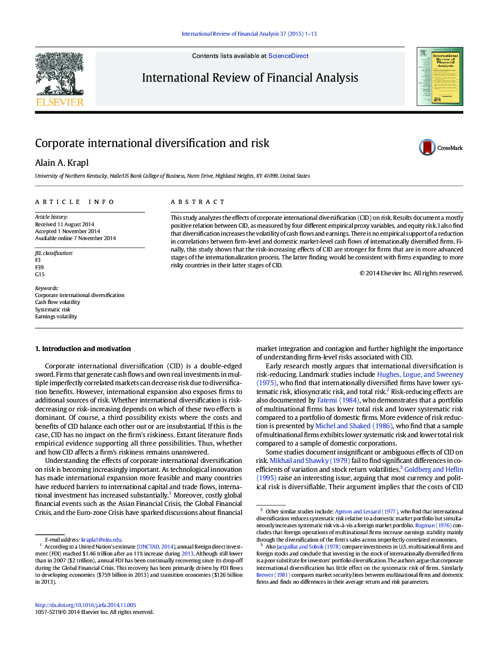 Corporate international diversification and risk