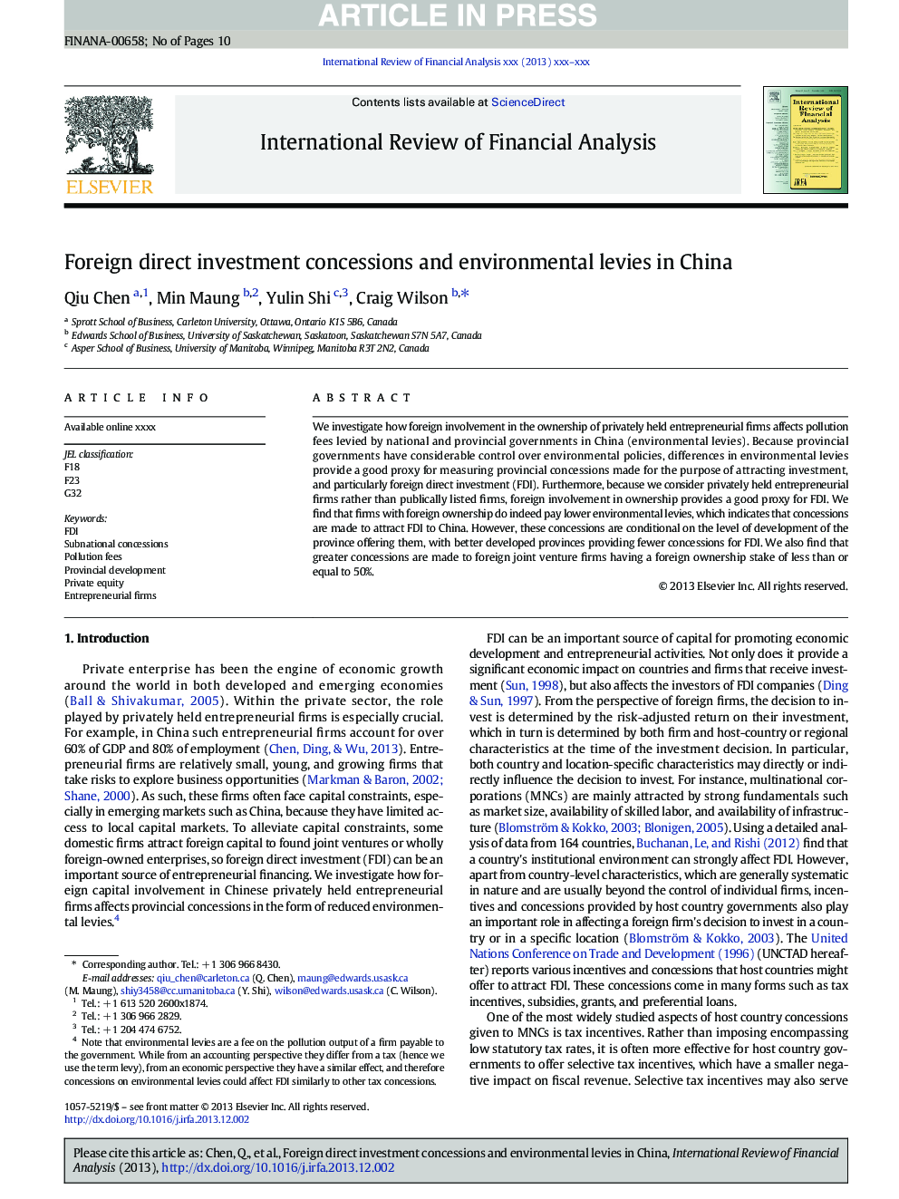 Foreign direct investment concessions and environmental levies in China