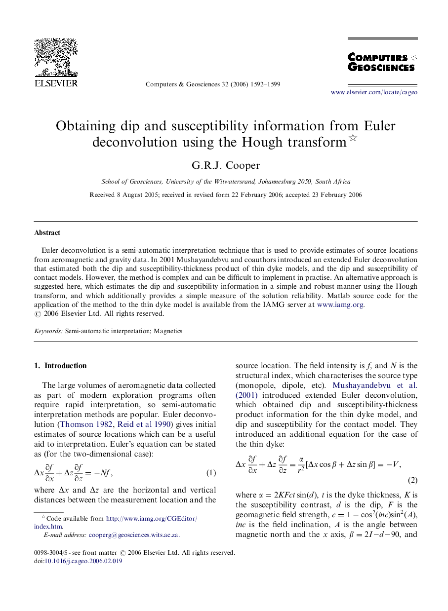 Obtaining dip and susceptibility information from Euler deconvolution using the Hough transform 