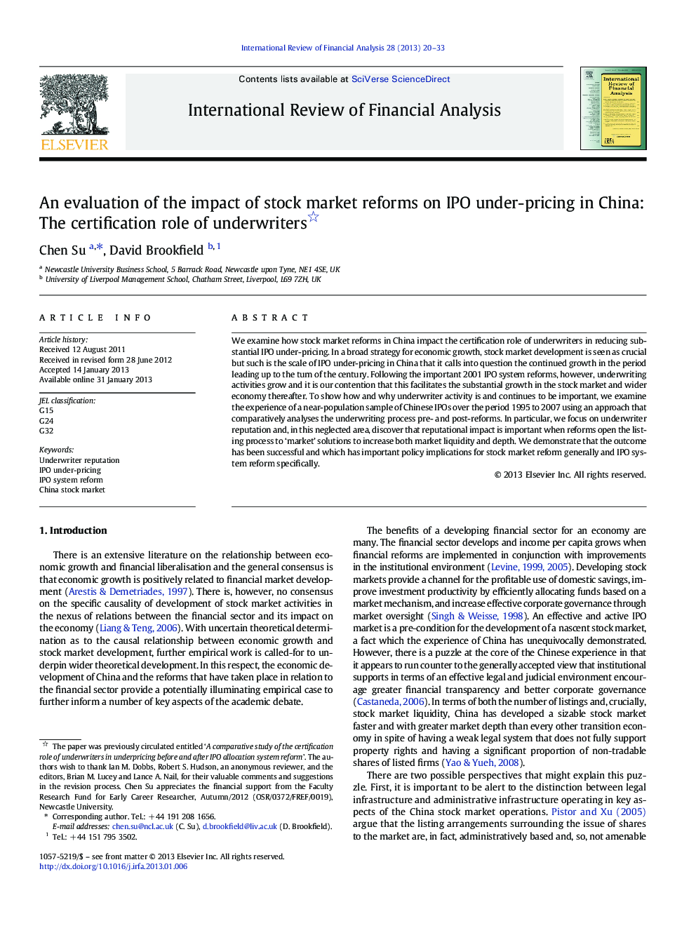 An evaluation of the impact of stock market reforms on IPO under-pricing in China: The certification role of underwriters