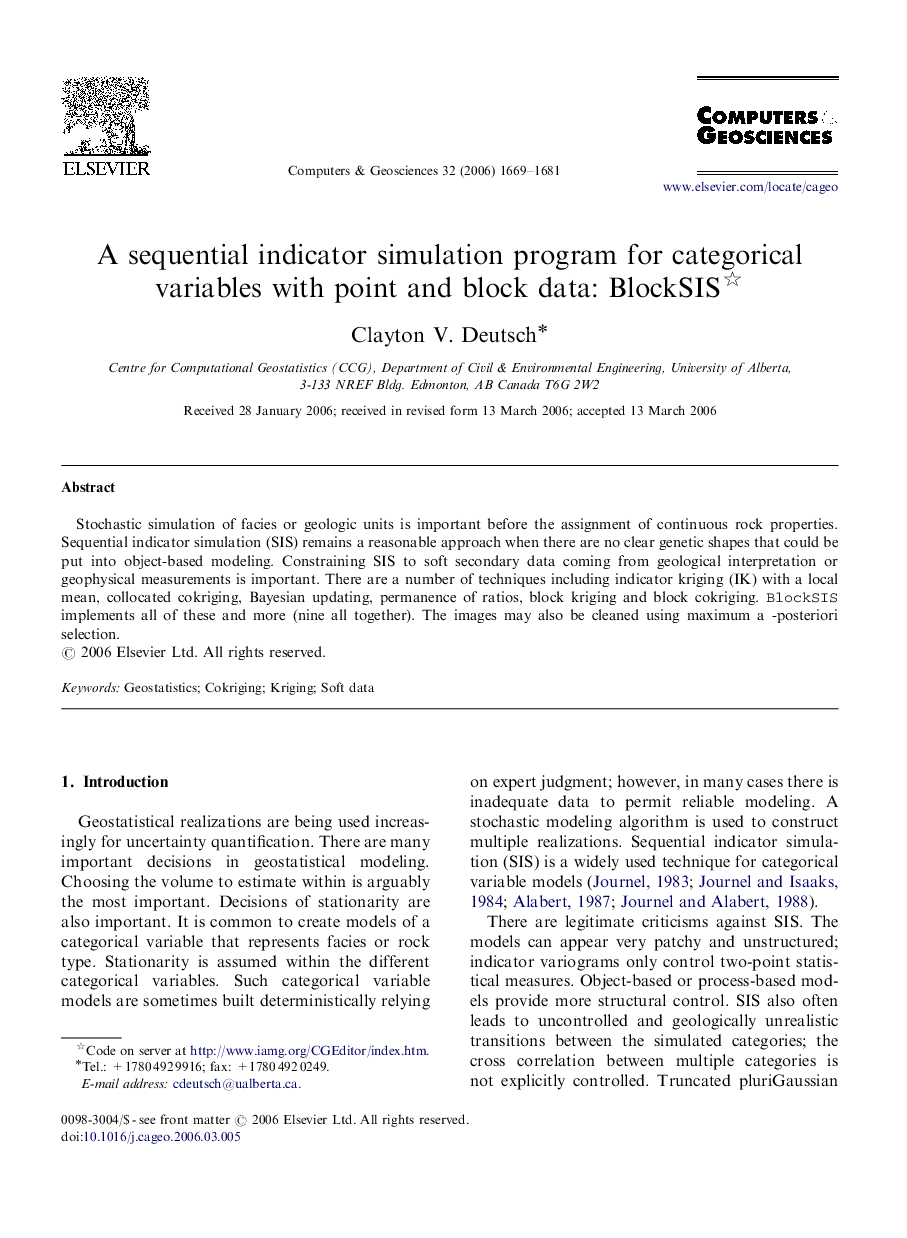 A sequential indicator simulation program for categorical variables with point and block data: BlockSIS 