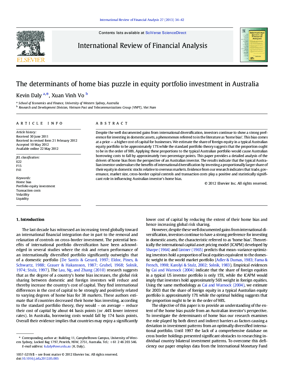 The determinants of home bias puzzle in equity portfolio investment in Australia