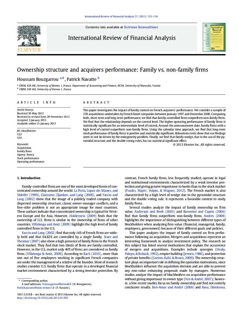 Ownership structure and acquirers performance: Family vs. non-family firms